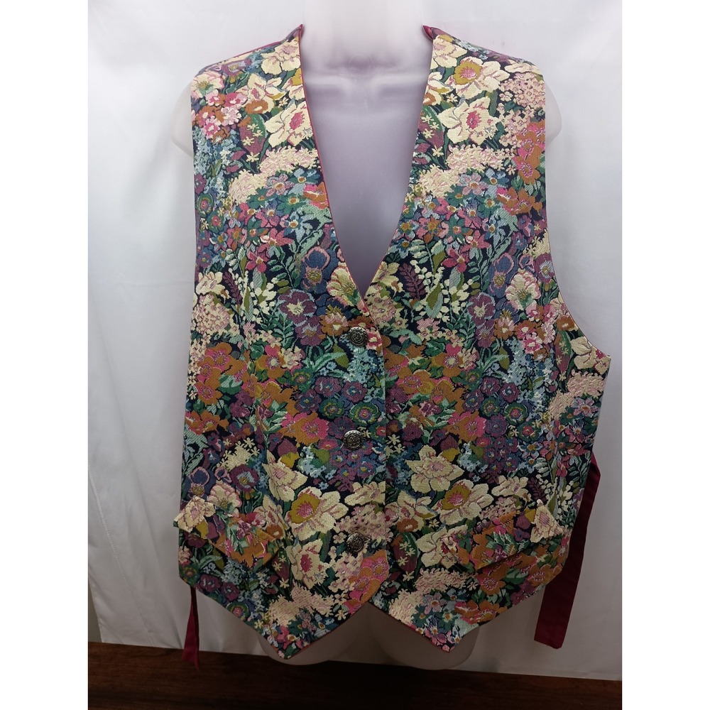 handcrafted L colorful vintage grandmacore artsy floral tapestry tie vest